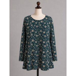 Pure Jill J. Jill Womens Teal Floral Pima Cotton Long‎ Sleeve Shirttail Tee M